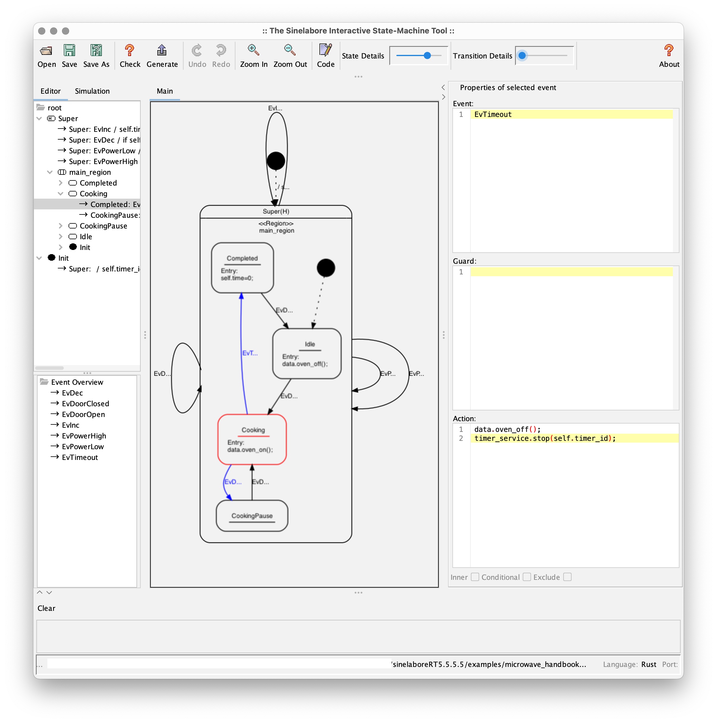 Microwave oven example in the integrated state machine editor