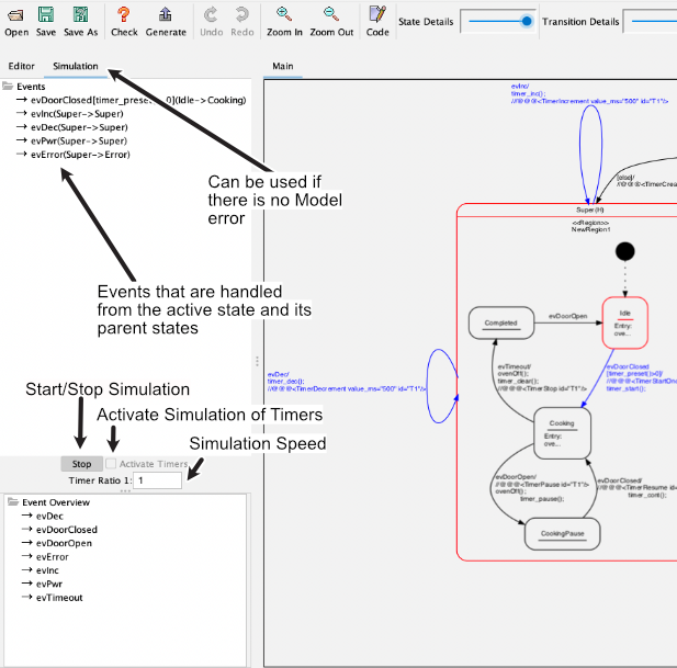 Simulation window with manual timer simulation